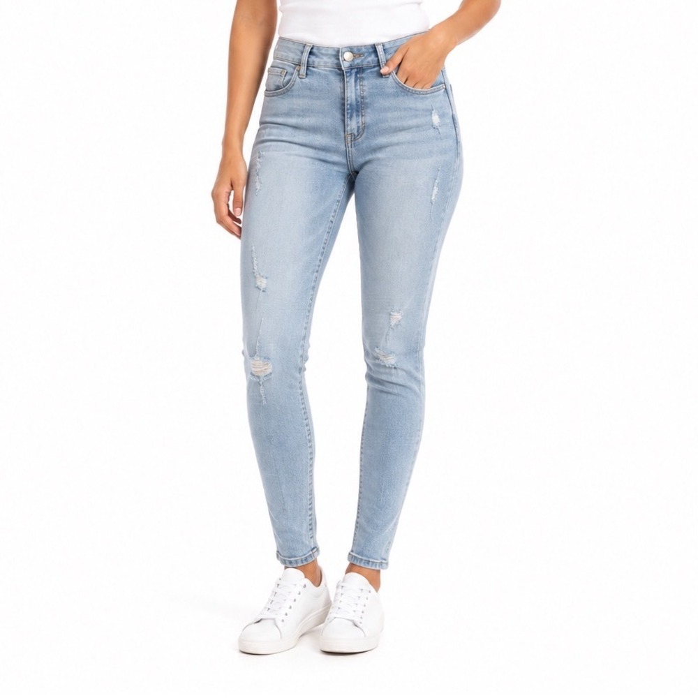 Seven7 Tummy Less High Rise Skinny Jeans Light Wash Distressed Blue Size 8